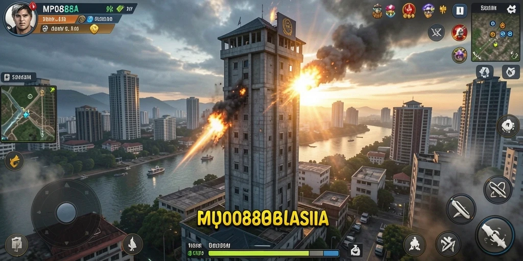 Screenshot gameplay MPO88ASIA menampilkan serangan menara yang epik.