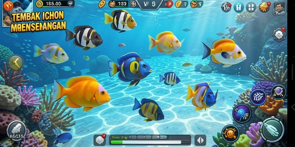 Screenshot gameplay VC55 menampilkan aksi seru menangkap ikan.